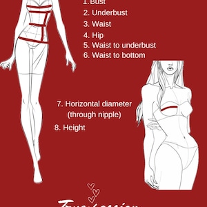 May include: A red background with white text and illustrations. The text reads 'Measurements' followed by a numbered list: Bust, Underbust, Waist, Hip, Waist to underbust, Waist to bottom, Horizontal diameter (through nipple), and Height. Illustrations of a body with measurement lines are also present.