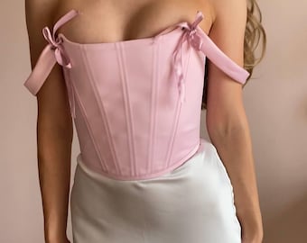 Satin Corset Top with Ribbon Straps, custom made pink overbust corset,