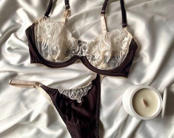 Conjunto de lencería de lujo de seda, satén color chocolate con encaje (hecho a medida)
