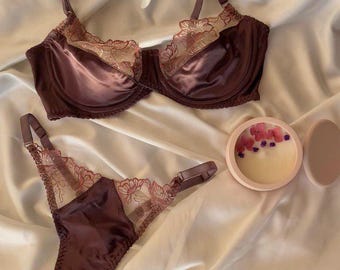 Conjunto de lencería de satén chocolate, sujetador y braguita de encaje bordado, hecho a mano