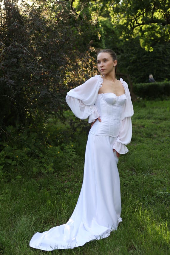 chiffon and satin wedding dress Chic Bohemian beach look lace chiffon satin fit & flare wedding dress