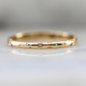 14k/9k Celeste Minor Star Engraved Diamond Solid Gold Band, Minimalist Ring, Dainty ring, Gift for her, Stackable Band, Statement Ring