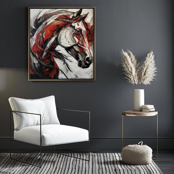 Abstract Red and Black Brush Stroke Horse Painting on Canvas