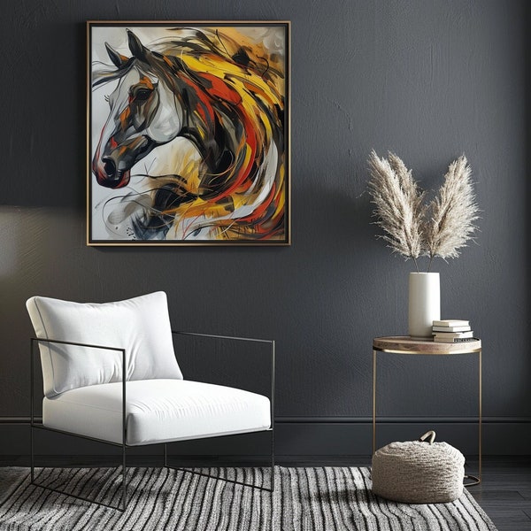 Vivid Abstract Painting of a Horse in Bold Colors Captured Indoors