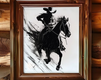 Black and White Illustration of a Cowboy Galloping on Horseback in a Rush