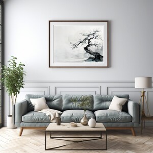 Ancient Tree in Monochrome Ink Wash Painting, Depicting Serene Asian Landscape