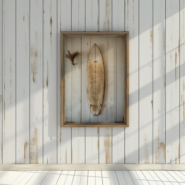 Vintage Surfboard Mounted on a White Wooden Wall in a Rustic Beach House