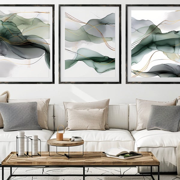 Abstract Artwork Capturing Ethereal Waves With Golden Accents on a Soft Background (Set of 3)