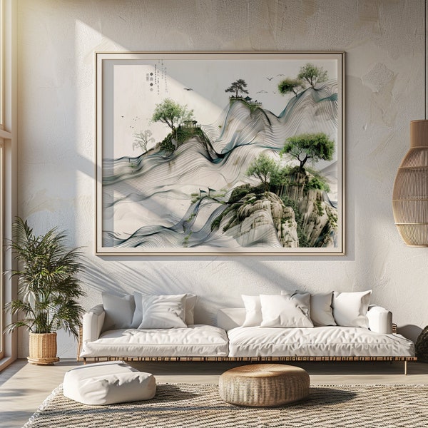 Ethereal Japanese Ink Wash Landscape Painting With Stylized Mountains and Pavilion