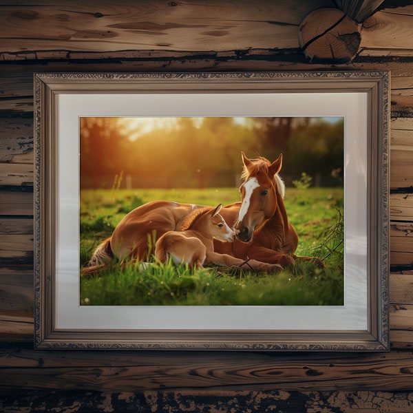 Mare and Foal Enjoying a Tranquil Sunset in a Serene Pasture