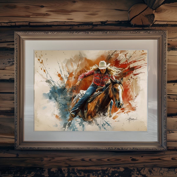 Dynamic Cowgirl and Horse in Full Gallop Captured in a Vibrant, Artistic Illustration