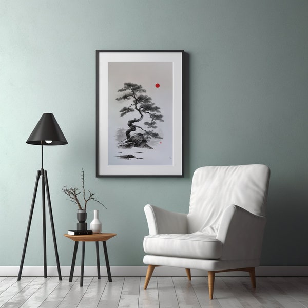 Traditional Japanese Ink Painting of Pine Tree and Red Sun on White Background
