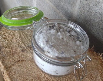 Mineral salt soak bath with lavender, Celtic salt, and Epsom salt.