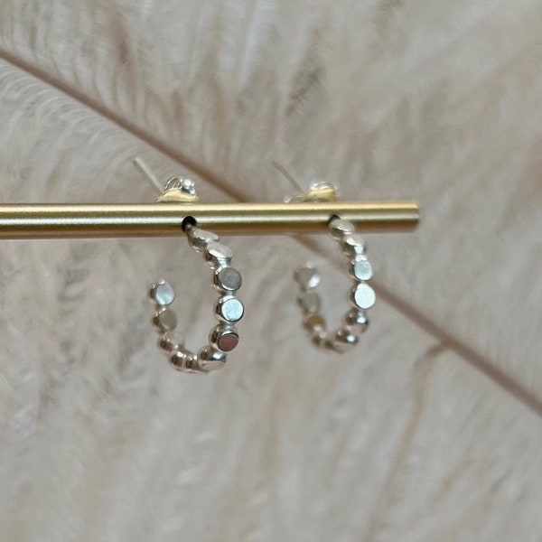 Sterling Silver Flat Bead Hoop Earrings Small Hoop Huggie Hoop Gold Dainty Earrings Dot Hoop Gift for Mom Everyday Earrings Waterproof