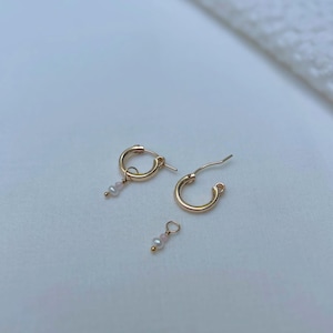 14k Gold Filled Tube Hoops 13mm Hoop Rose Quartz Pearl Charms Waterproof Huggie Hoop Hoop Charms Crystal Hoops Pearls