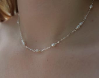 Collana di perle delicata Collana di perle in argento sterling Elegante collana di perle biologiche Regalo in argento per la moglie Elegante collana di perle per la festa nuziale