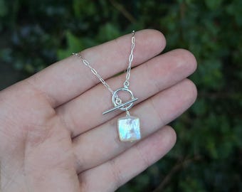 Pearl Toggle Necklace Baroque Pearl Sqaure Pearl Necklace Sterling Silver Toggle Pendant Large Pearl Paperclip Chain Toggle Chain 14k Gold