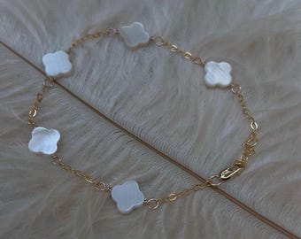 Charm Bracelet Clover Gold Bracelet Gift March Lucky Bracelet Pearl Clover Pearl Flowers Four Leaf Clover Bracelet Clover Choker Pearl