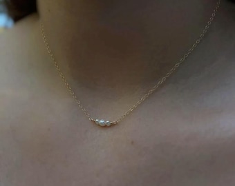 14k Gold Filled Dainty Pearl Necklace Bridesmaid Gift for Mom Anniversary Gift Three Tiny pearl Necklace Gold Elegant Pearl Bracelet Gold