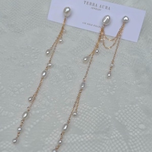 Double Piercing Chain Bridal Earrings Long Pearl Earrings Bride whimsical pearl earrings bridesmaid jewelry gift for bride jewelry 14k gold
