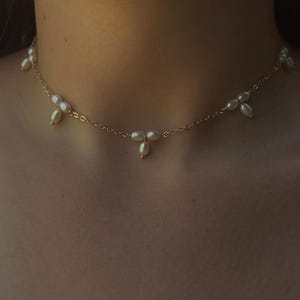 Könnte beinhalten: Zarte goldfarbene Halskette mit kleinen, tropfenförmigen Perlen. Die Halskette hat ein schlichtes Ketten-Design mit gleichmäßig verteilten Perlenclustern auf der Vorderseite. Die Perlen sind cremeweiß und erzeugen einen eleganten und dezenten Look.