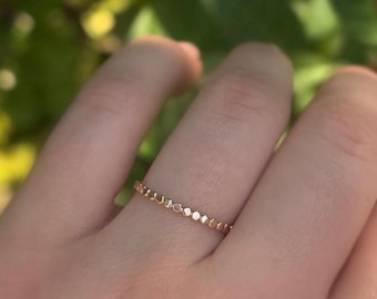 14k Gold Filled Beaded Patterned Band Durable Waterproof Ring for Everyday Stacking Ring Gold Flat Bead Ring Textured Sterling Silver Ring