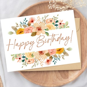 Happy Birthday card, floral print, Digital download, Printable card, 5"x 7" card, Printable card, Greeting card, Print at home