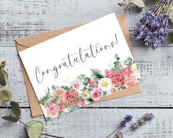 Congratulations Printable card, digital download, 5"x 7" card, Instant download, Floral card, Print at home