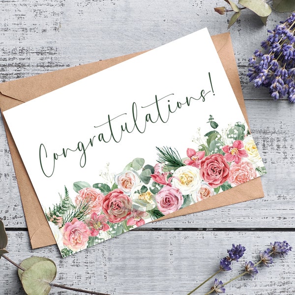 Congratulations Printable card, digital download, 5"x 7" card, Instant download, Floral card, Print at home