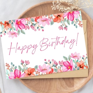 Cartão de feliz aniversário, estampa floral, download digital, cartão para impressão, cartão 5" x 7", cartão para impressão, cartão de felicitações, imprimir em casa