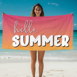 Custom Summer Beach Towel | Personalized Hello Summer Pool Towel, Large Beach Towels for Vacation, Gifts Pool Days, Cute Swim Accessories