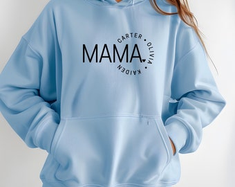Mama with Kids' Names Hoodie, Custom Mama Sweatshirt, Mom and Kids Personalized Hoodie, Mothers Day Gift, Gift for Mom, Motherhood Hoodie