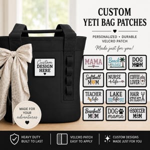 May include: A black tote bag with a large beige bow attached to the handle. A rectangular white patch with the text Custom Design Here is on the front. To the right, a grid displays twelve white rectangular velcro patches with various black text and graphic designs including Mama, Beach Please, Dog Mom, Softball Mom, Nurse Life, Coffee Lover, Teacher Life, Lake Life, Hair Stylist, Baseball Mom, Dog Mama, and Soccer Mom.