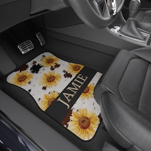 Cow Print Car Mats with Sunflowers, Personalized Car Floor Mats for Women, Custom Auto Accessories, Western Car Decor, Girl Vehicle Interior