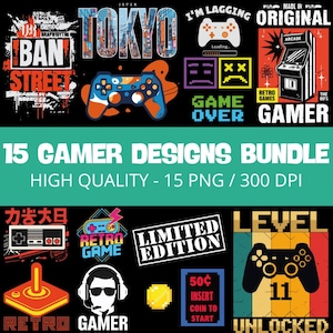 Pacote de imagens PNG Retro Gamer Tokyo, clipart de controle de videogame em 300 DPI para camisetas.
