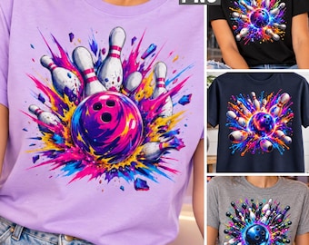 Bowling PNG Bundle, Colorful Ball and Pins, Neon Paint Splash Sublimation Designs