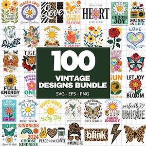 Può includere: Una collezione di 100 design vintage con varie grafiche e testi. I design includono fiori, farfalle, cuori e citazioni ispiratrici come "Love", "Peace" e "Good Vibes". Il pacchetto è disponibile nei formati SVG, EPS e PNG.