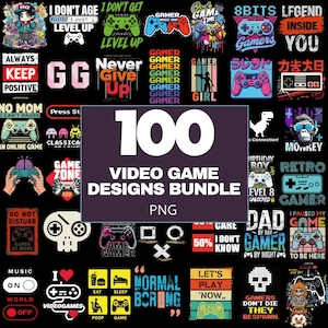 Könnte beinhalten: Ein Paket mit 100 Videospiel-Designs im PNG-Format. Die Designs zeigen verschiedene Gaming-Grafiken, darunter Controller, Text wie "Gamer" und andere Illustrationen zum Thema Gaming. Die Designs sind in verschiedenen Farben und Stilen.