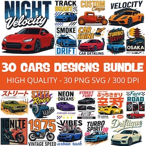 30 Retro Cars Designs Bundle: PNG & SVG Graphics - 300Dpi