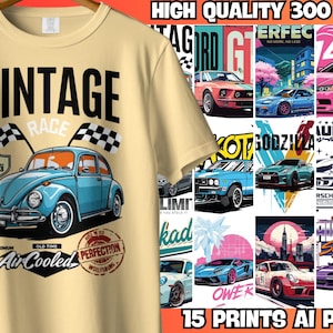 15 impressões de designs de carros | Gráficos automotivos retrô e modernos | Design urbano | Gráficos automotivos retrô | PNG de alta qualidade com 300 DPI | Perfeito para POD