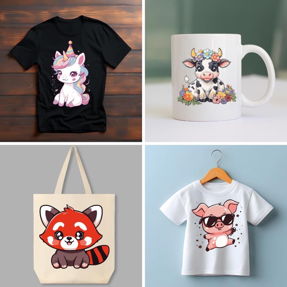 Animals PNG Bundle, Kawaii Baby Animal Clipart, 300 DPI Sublimation ...
