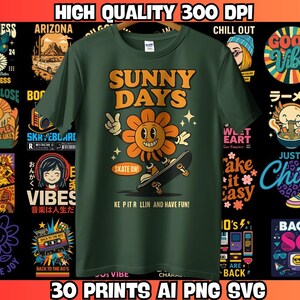 Puede incluir: Camiseta verde oscuro con un diseño retro. Presenta una flor sonriente en monopatín, con las palabras "SUNNY DAYS" en naranja. La camiseta también tiene el texto "SKATE ON!" y "KE PITR LLIN AND HAVE FUN!" con otros gráficos.