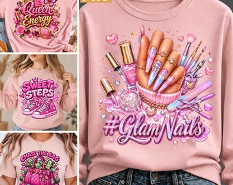 Pink Glam Nails PNG Bundle Boss Babe Beauty Queen Sublimation Digital Download File