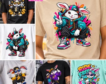 Skater Bunny PNG Bundle, Graffiti Rabbit Art, Hip Hop Streetwear Sublimation Designs