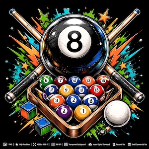 Peut inclure: Une illustration graphique représentant une grande boule de billard noire numéro huit au-dessus d'un triangle en bois contenant diverses boules numérotées. Deux queues de billard croisées sont placées derrière le triangle sur un fond éclaboussé de peinture colorée avec des étoiles et deux petits cubes.