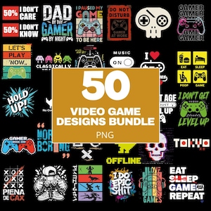 Puede incluir: Un conjunto de 50 diseños de videojuegos en formato PNG. Los diseños presentan varios gráficos relacionados con los juegos, incluyendo mandos, calaveras y texto como "Gamer", "Eat Sleep Game Repeat" e "I Don't Get Level Up."