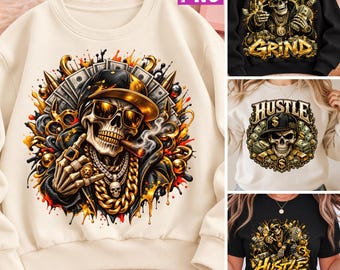 Hustle Grind Skull PNG Bundle Gold Money Gangster Urban Streetwear Digital Download File