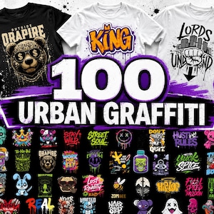 May include: A promotional image showcasing 100 urban graffiti designs, perfect for t-shirts and more. The designs include various graphics, text, and illustrations in a variety of colors. The text "100 Urban Graffiti" is prominently displayed.