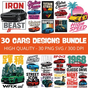 Paquete PNG de coches retro y carreras callejeras: diseños de sublimación (uso comercial)