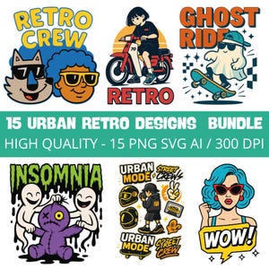 Puede incluir: Un conjunto de 15 diseños retro urbanos. Los diseños incluyen un lobo de dibujos animados, una persona en una moto roja, un fantasma en monopatín y otros gráficos. El texto incluye "Retro Crew", "Ghost Ride", "Insomnia" y "Wow!"